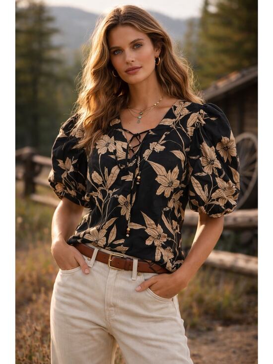 Ralph Lauren Tops - Ralph Lauren 100% Linen puff sleeve floral black beige tie front blouse top sz M